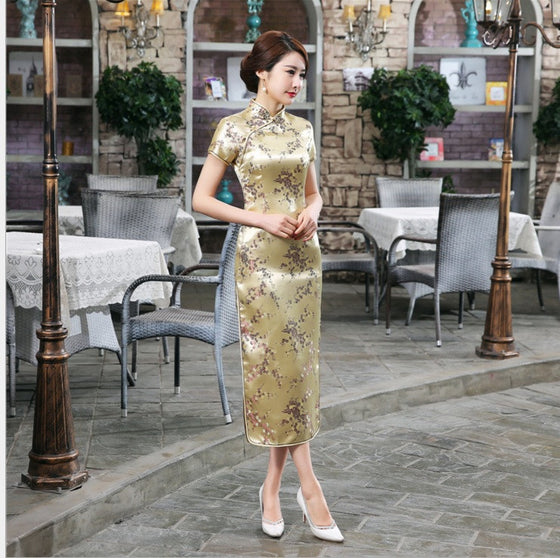 Gold Chinese Traditional Dress Silk Satin Cheongsam Slim