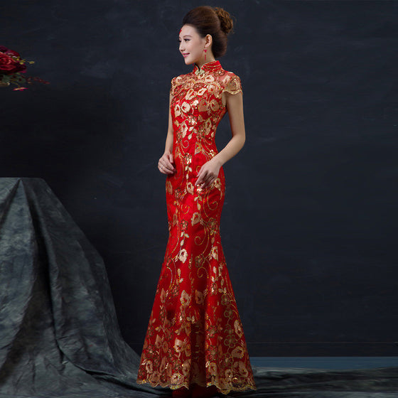 Red Chinese Wedding Dress Female Long Short Sleeve