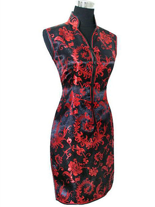 Chinese Dress Mujer Satin V-Neck Cheongsam Mini Qipao Flower