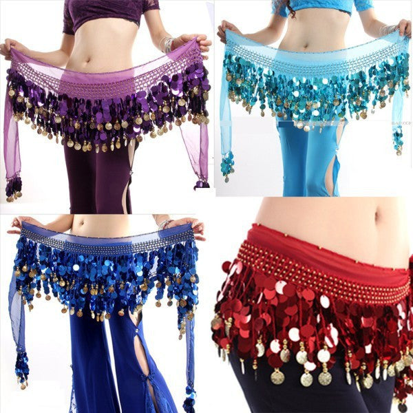 Belly Dance Hip Scarf Wrap Sequins Belt Coin Chiffon Skirt