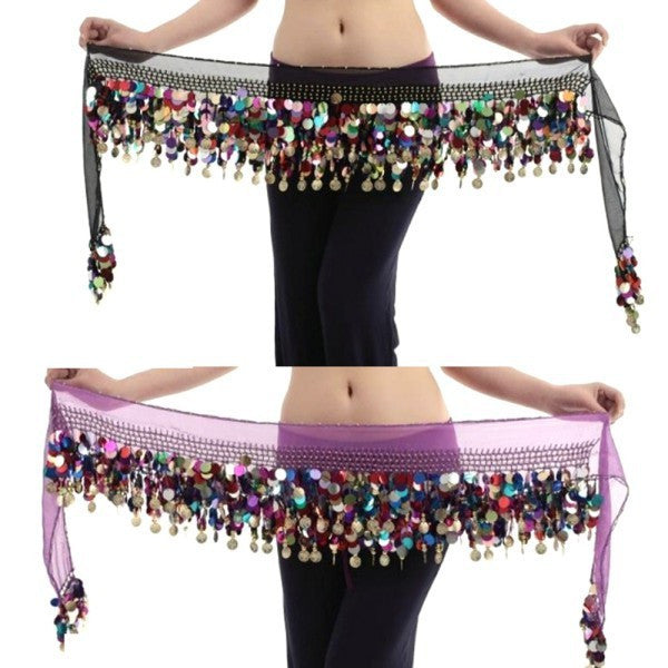 Belly Dance Hip Scarf Wrap Sequins Belt Coin Chiffon Skirt