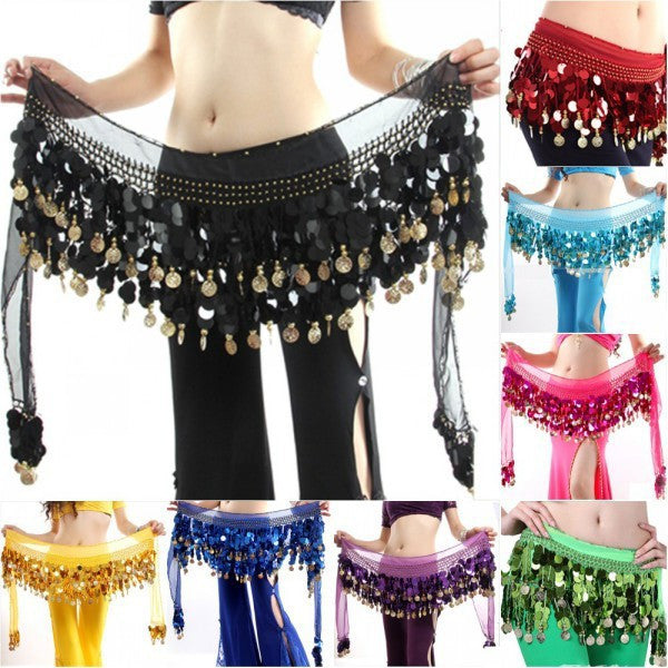 Belly Dance Hip Scarf Wrap Sequins Belt Coin Chiffon Skirt